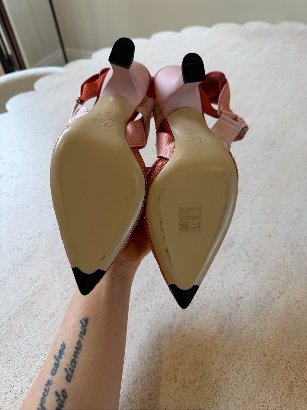 Fendi Pink, Red & Gold Beaded Pointed-Toe Slingbacks - Picture 5 of 12